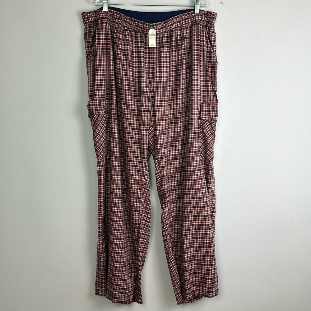 NEW Aerie XXL Flannel Cargo Skater Pajama Pants Red Blue Tan Plaid Pockets Soft - Picture 2 of 16